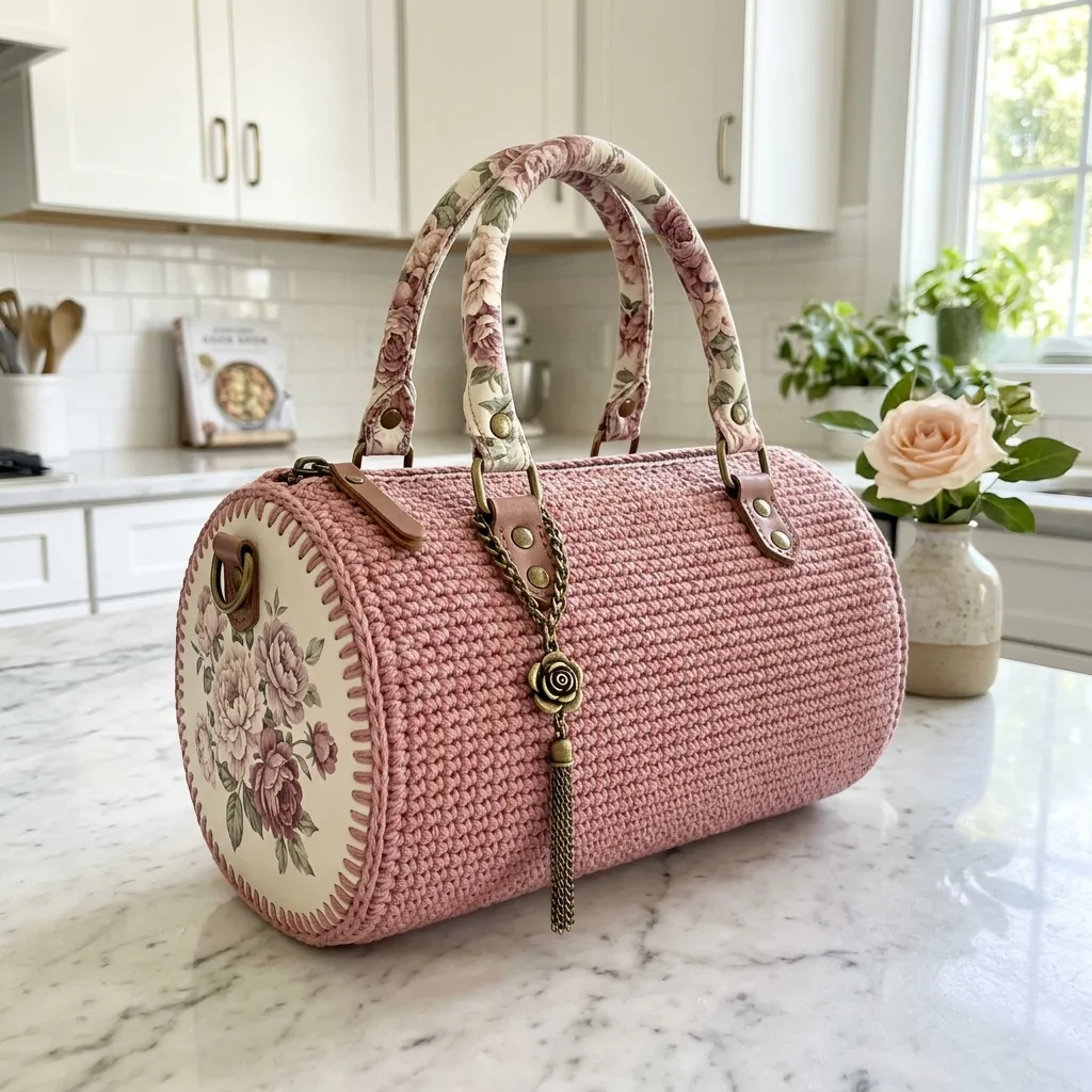 Dusty Rose Vintage Floral Barrel Purse Free Pattern