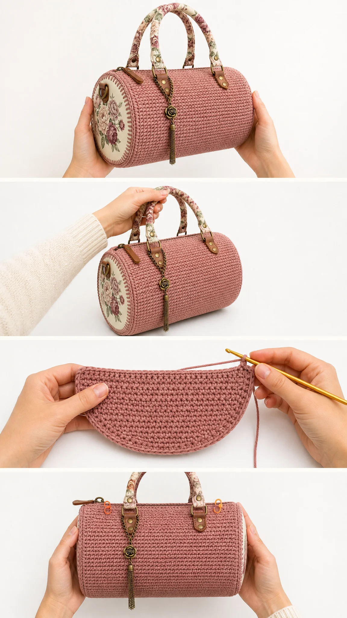 Dusty Rose Vintage Floral Barrel Purse Free Pattern