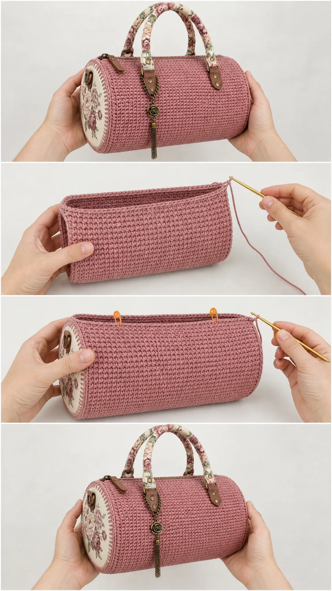 Dusty Rose Vintage Floral Barrel Purse Free Pattern