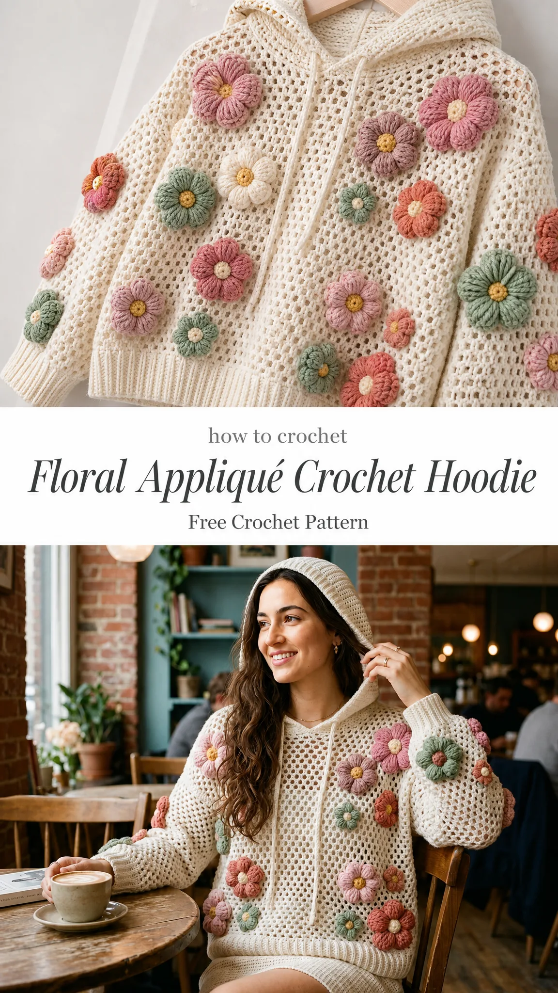 Floral Appliqué Crochet Hoodie Free Crochet Pattern