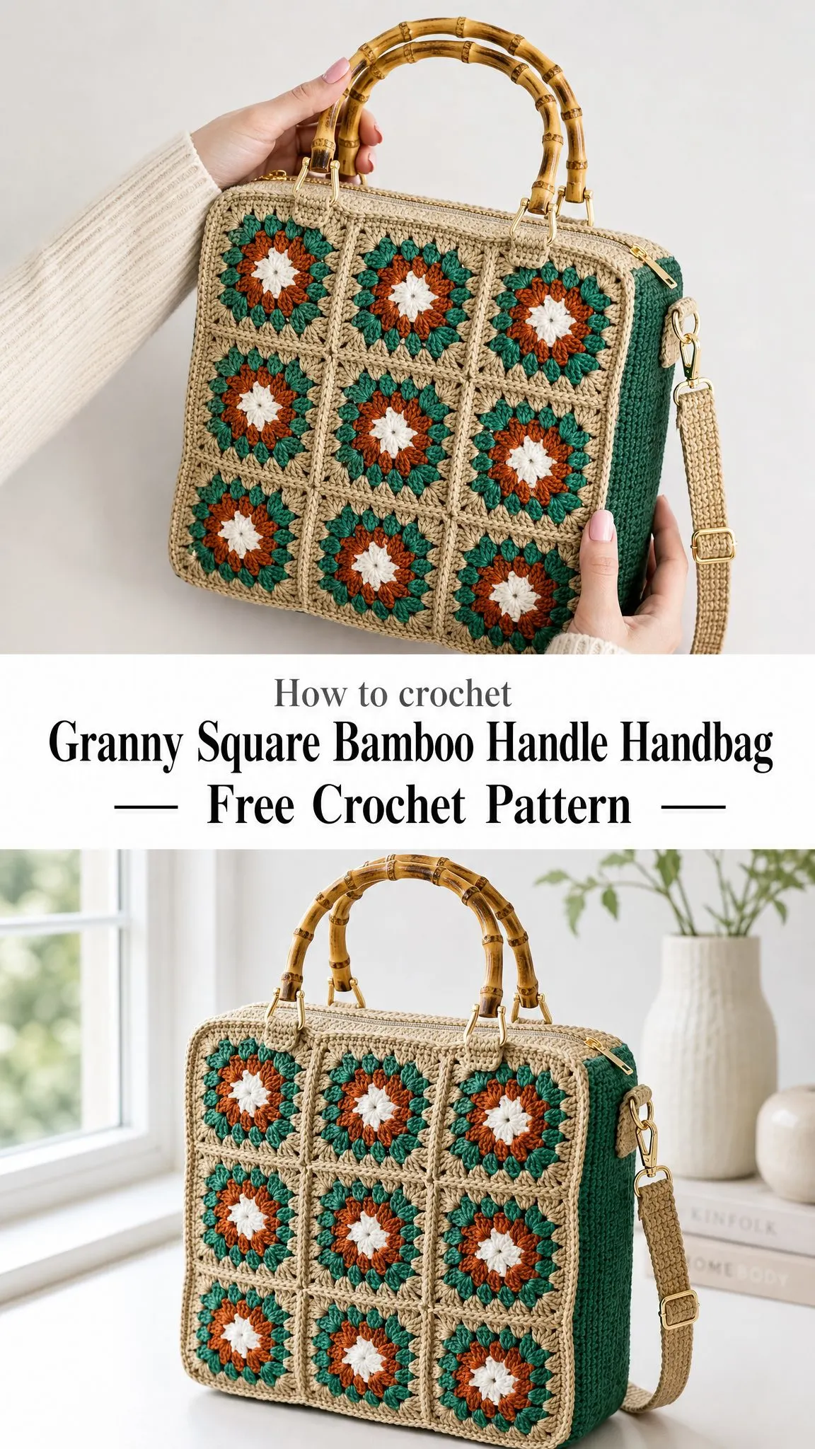 Granny Square Bamboo Handle Handbag Free Crochet Pattern