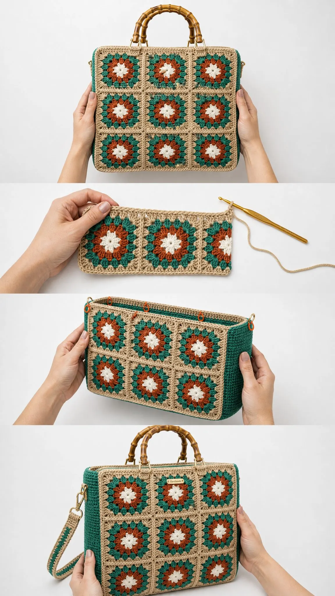 Granny Square Bamboo Handle Handbag Free Crochet Pattern