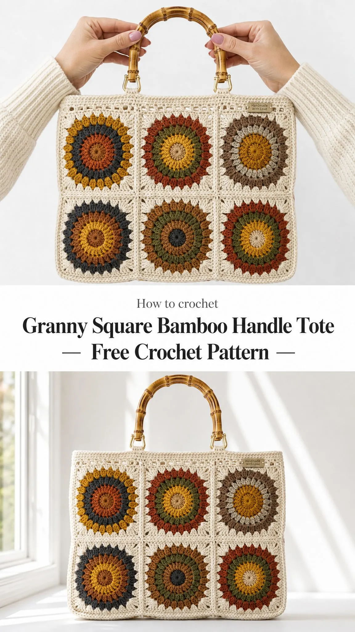 Granny Square Bamboo Handle Tote Free Crochet Pattern