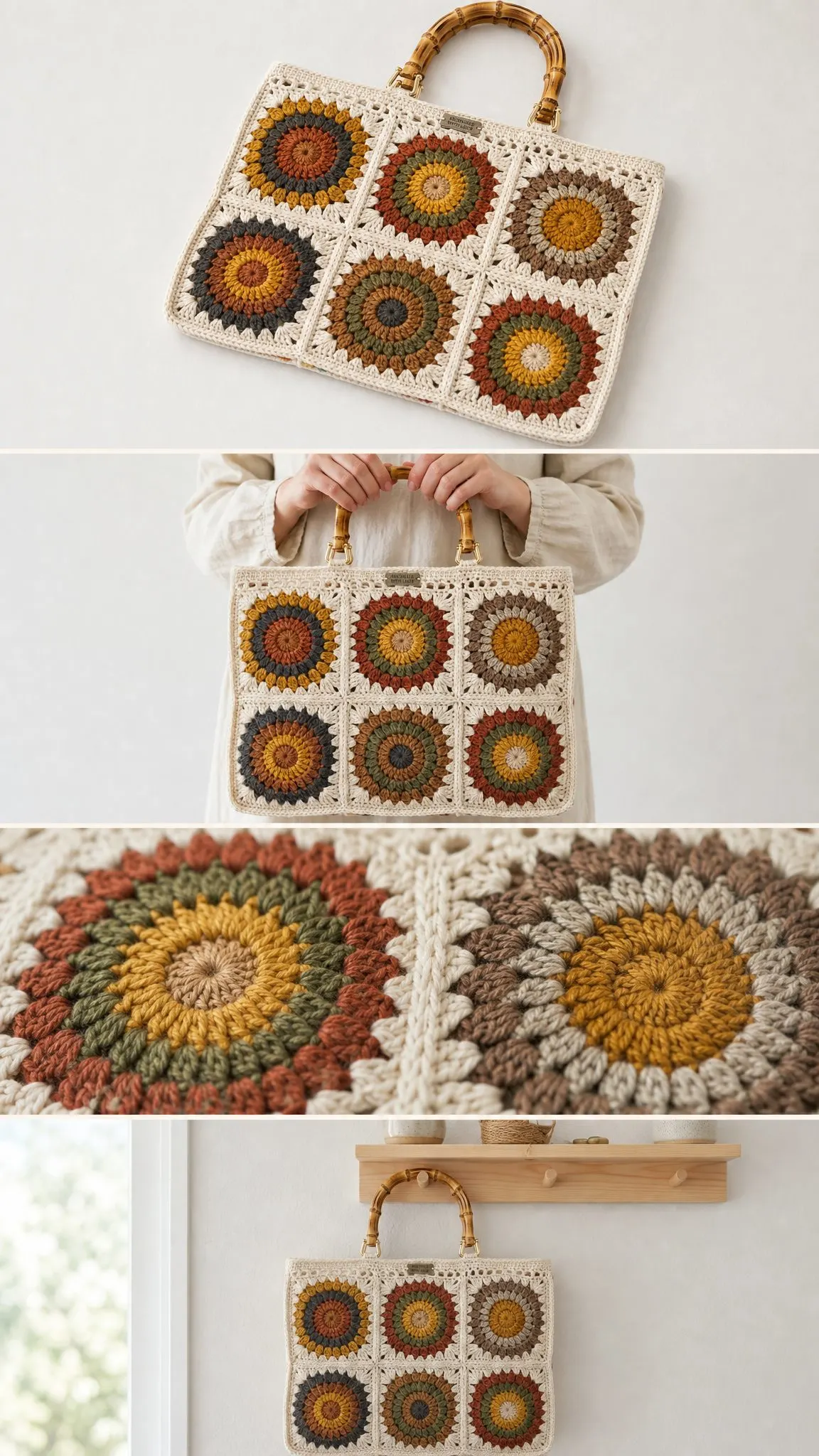 Granny Square Bamboo Handle Tote Free Crochet Pattern