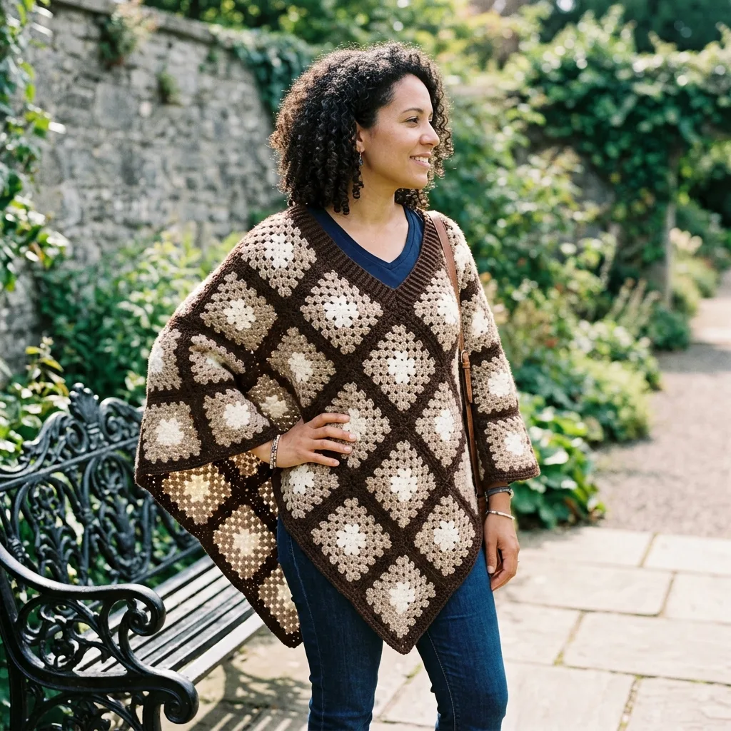 Granny Square Poncho in Brown Tones Free Crochet Pattern