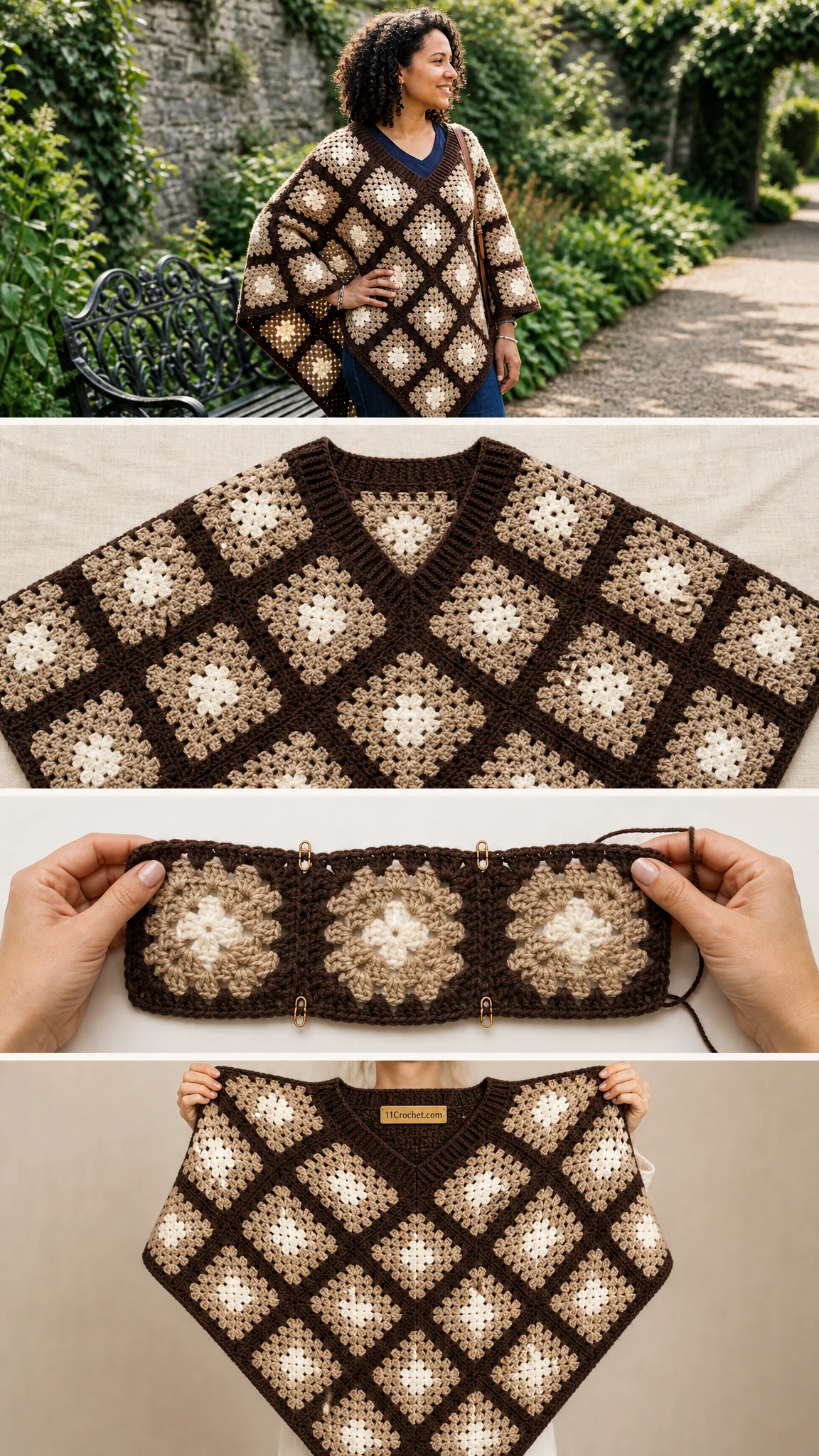 Granny Square Poncho in Brown Tones Free Crochet Pattern