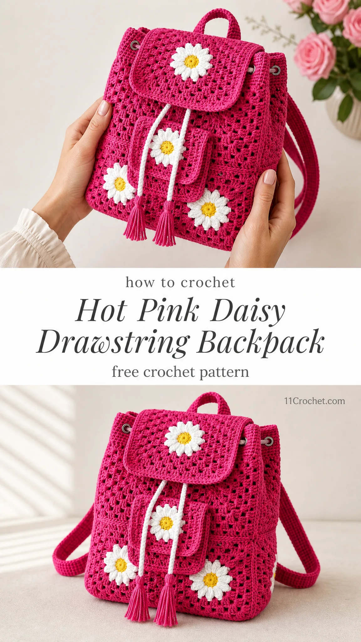 Hot Pink Daisy Drawstring Backpack Free Crochet Pattern