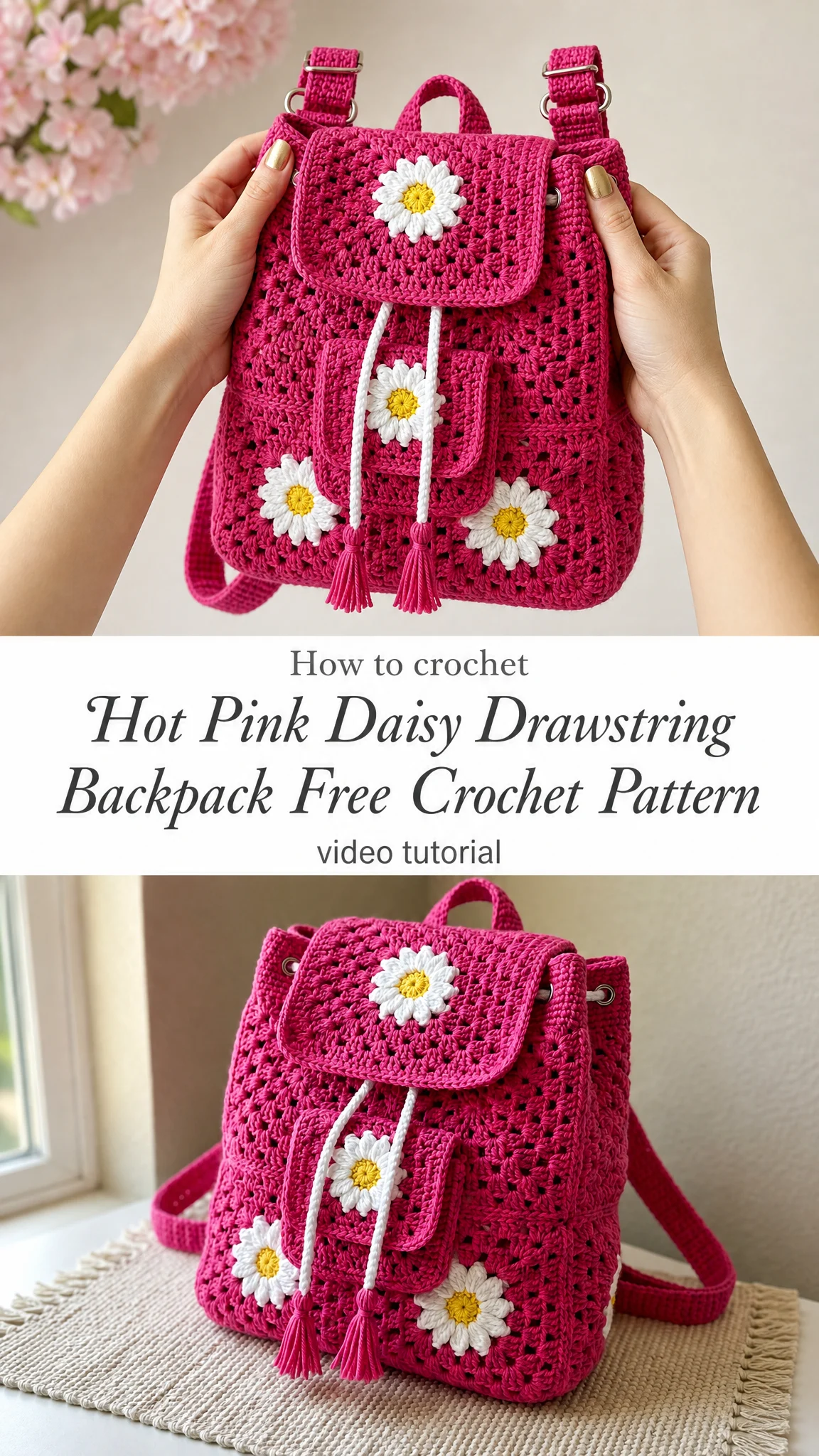 Hot Pink Daisy Drawstring Backpack Free Crochet Pattern