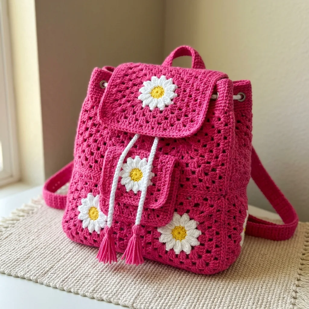 Hot Pink Daisy Drawstring Backpack Free Crochet Pattern
