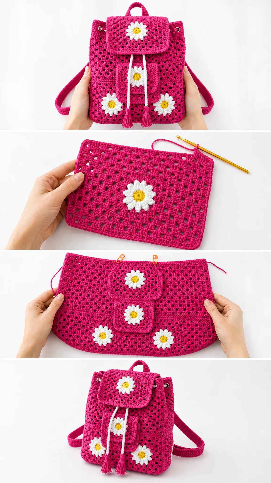 Hot Pink Daisy Drawstring Backpack Free Crochet Pattern