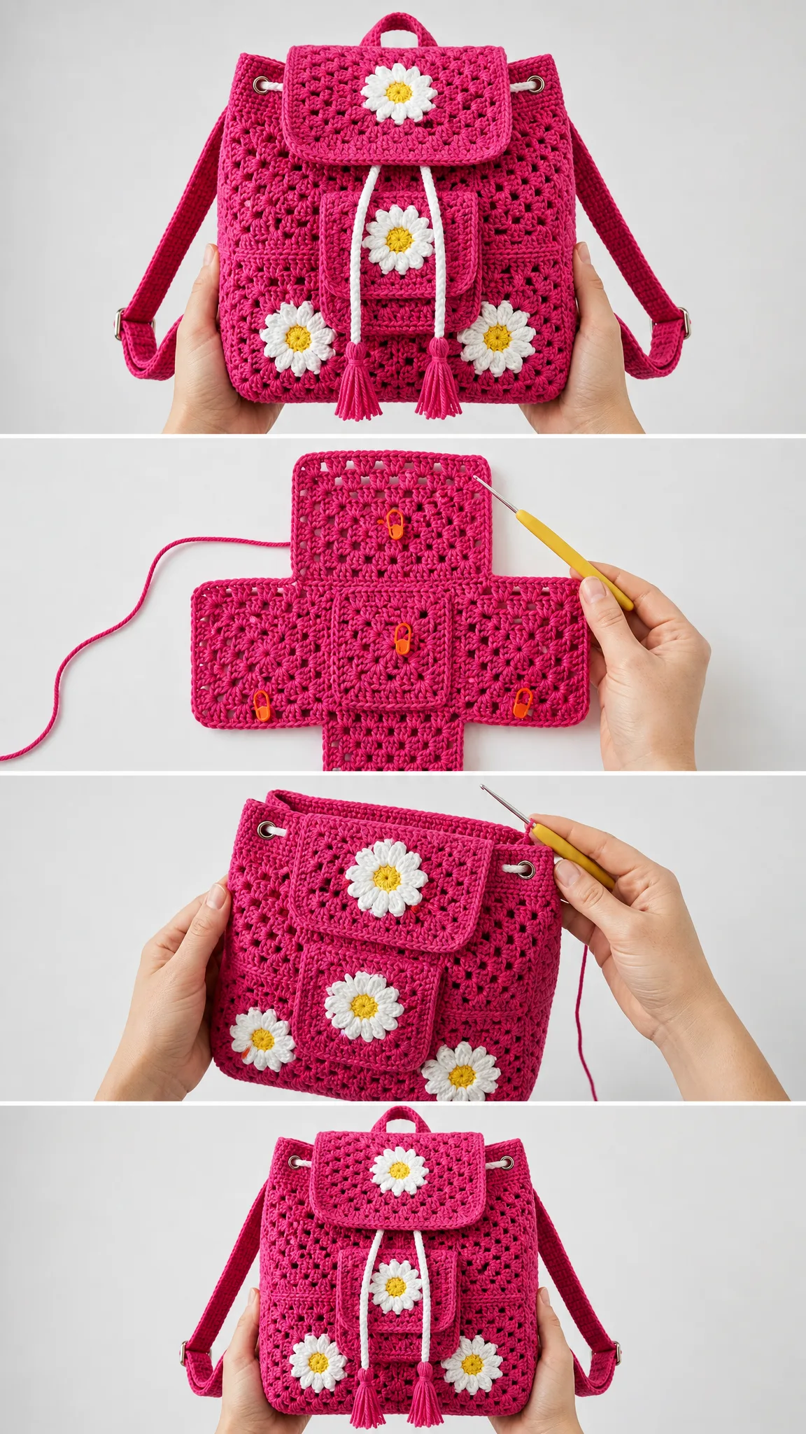 Hot Pink Daisy Drawstring Backpack Free Crochet Pattern