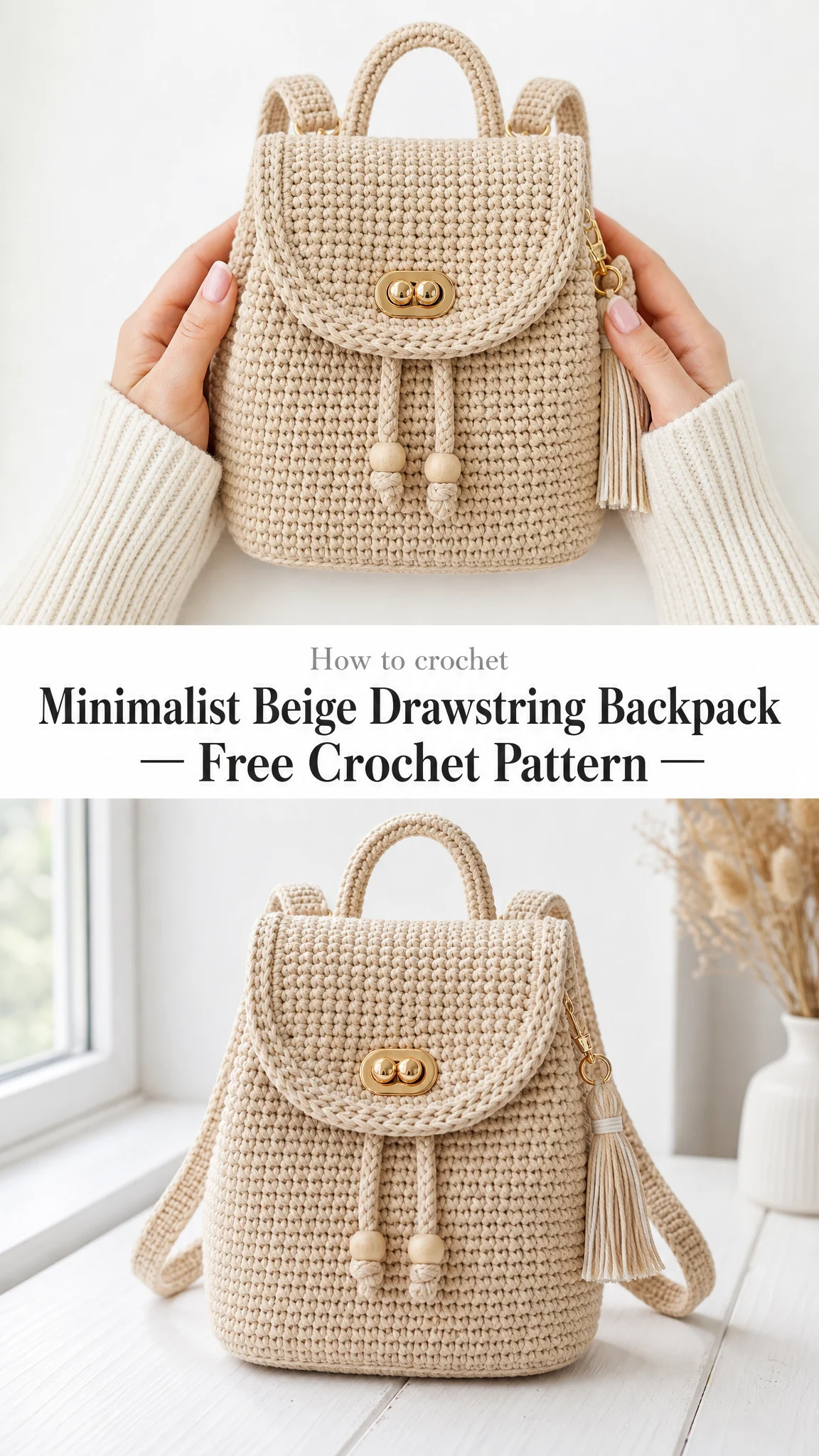 Minimalist Beige Drawstring Backpack Free Crochet Pattern