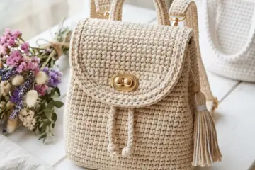 Minimalist Beige Drawstring Backpack Free Crochet Pattern