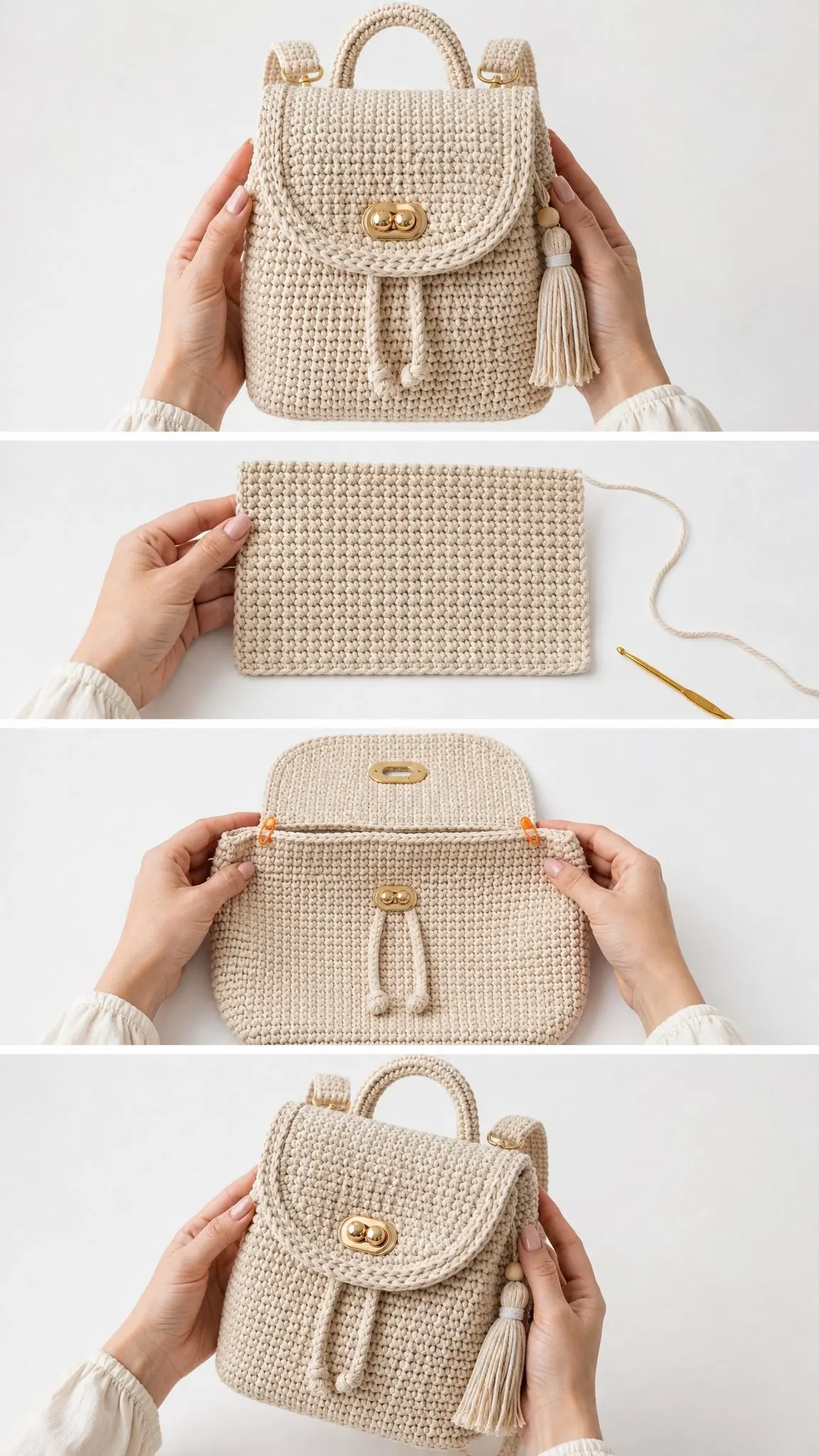Minimalist Beige Drawstring Backpack Free Crochet Pattern