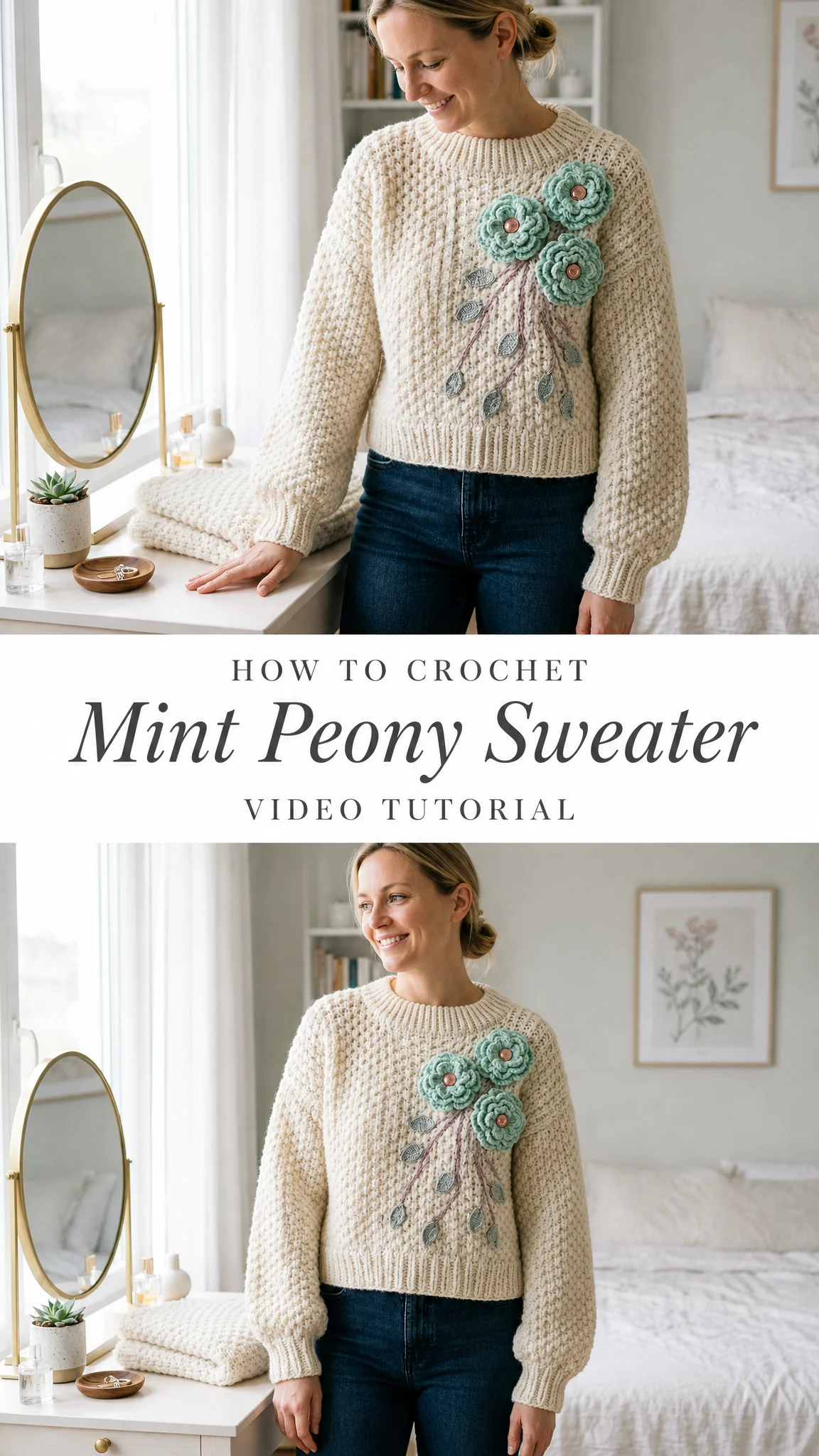 Mint Peony Sweater on Bedroom Vanity Free Crochet Pattern