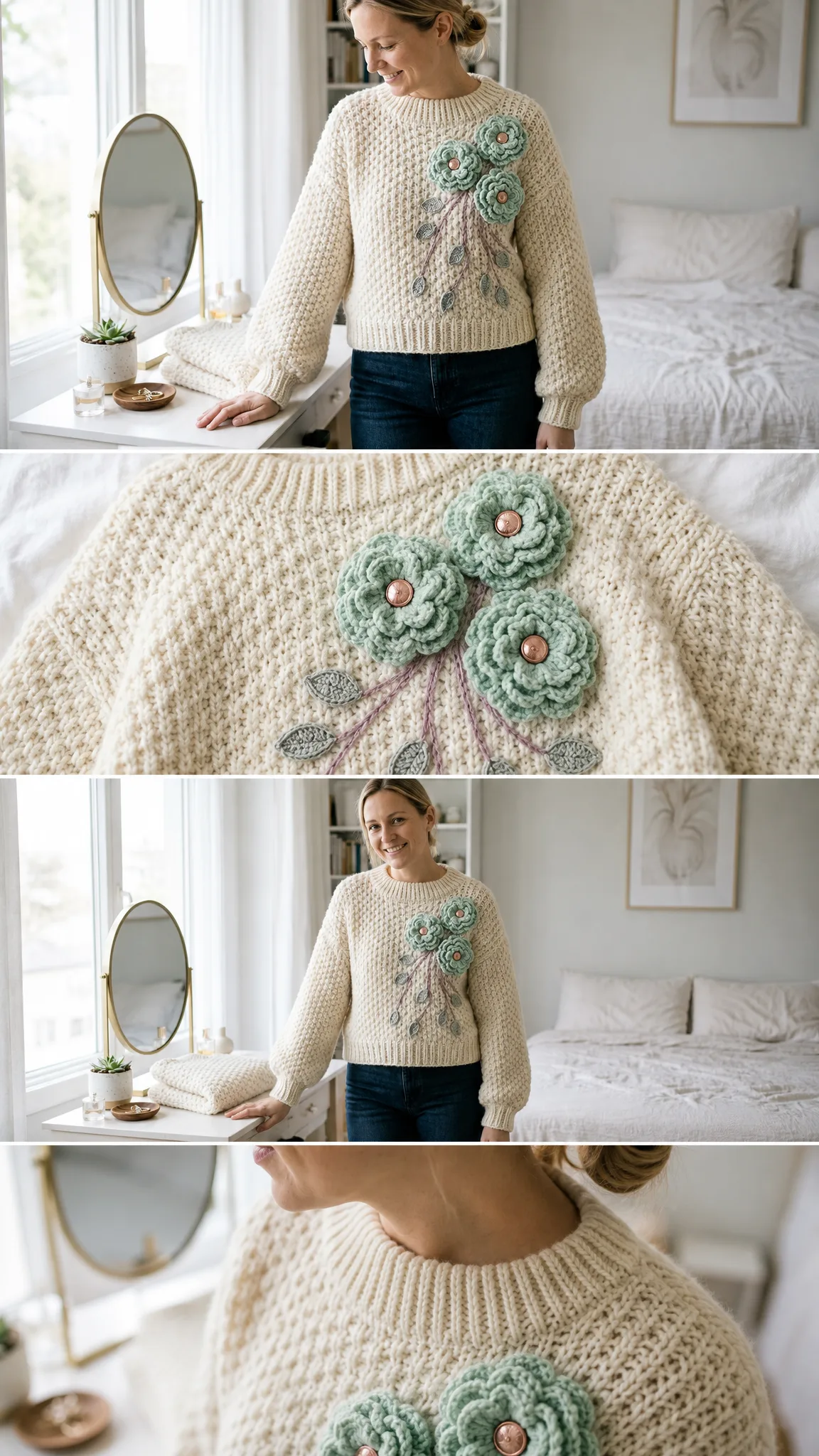 Mint Peony Sweater on Bedroom Vanity Free Crochet Pattern