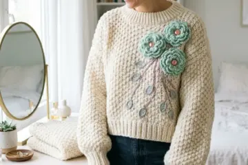 Mint Peony Sweater on Bedroom Vanity Free Crochet Pattern