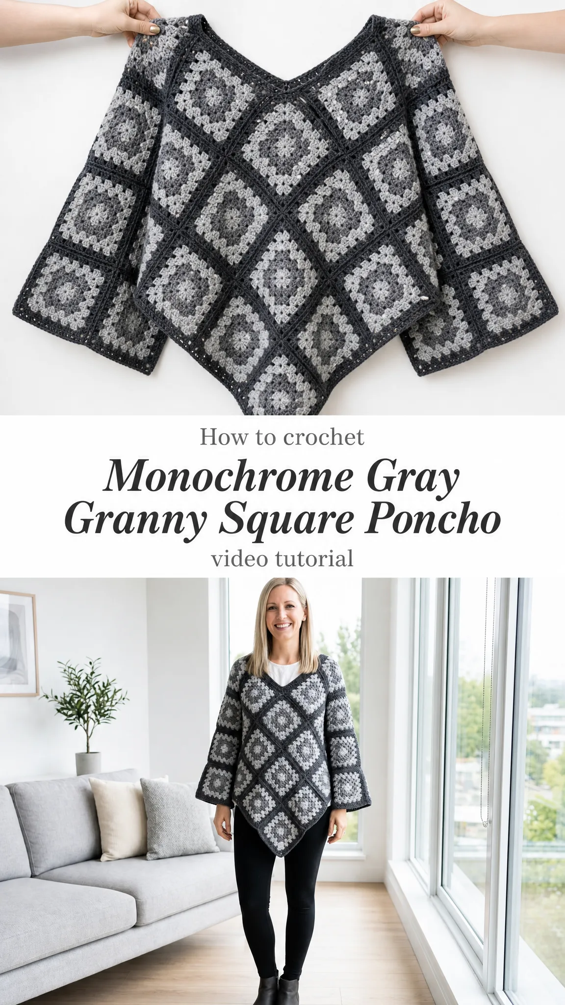 Monochrome Gray Granny Square Poncho Free Crochet Pattern