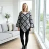 Monochrome Gray Granny Square Poncho Free Crochet Pattern