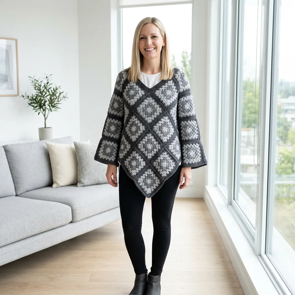 Monochrome Gray Granny Square Poncho Free Crochet Pattern