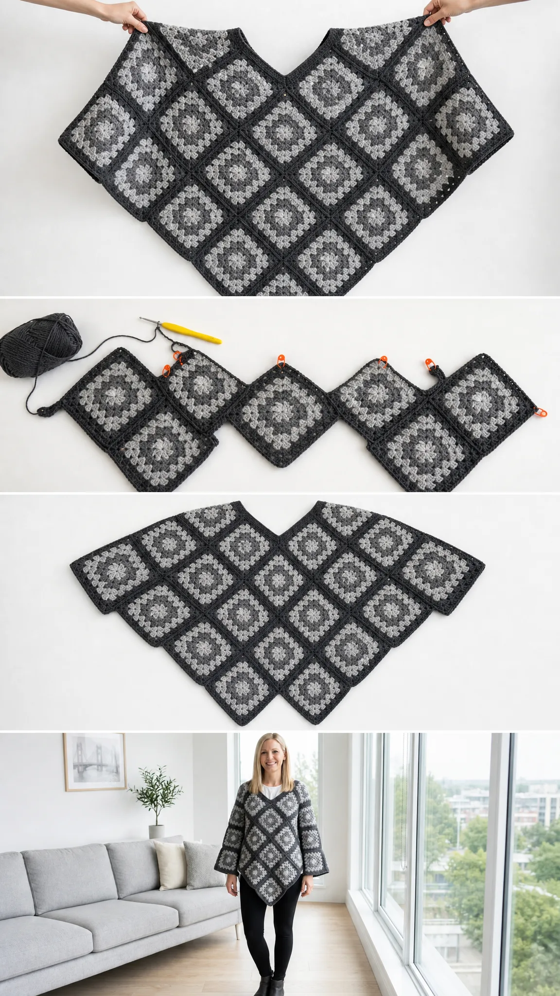 Monochrome Gray Granny Square Poncho Free Crochet Pattern