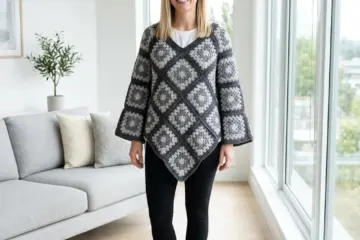 Monochrome Gray Granny Square Poncho Free Crochet Pattern