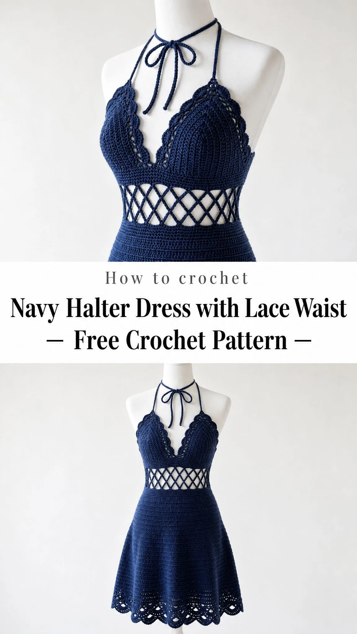 Navy Halter Dress with Lace Waist Free Crochet Pattern