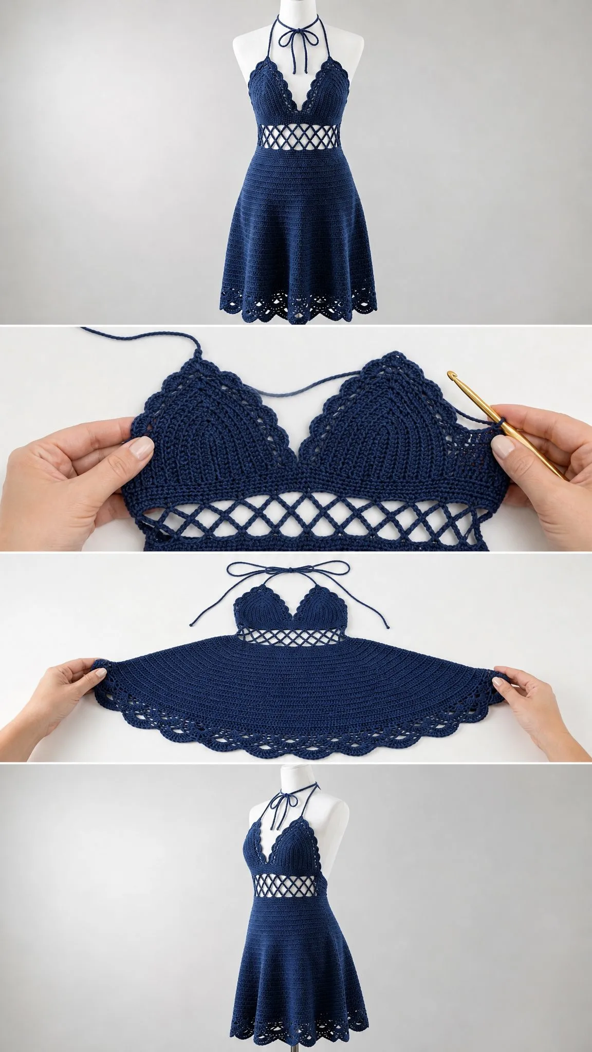 Navy Halter Dress with Lace Waist Free Crochet Pattern