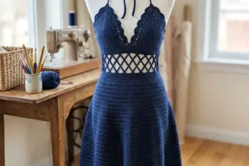 Navy Halter Dress with Lace Waist Free Crochet Pattern