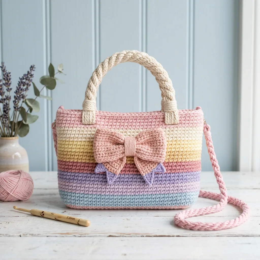 Pastel Rainbow Bow Handbag Free Crochet Pattern