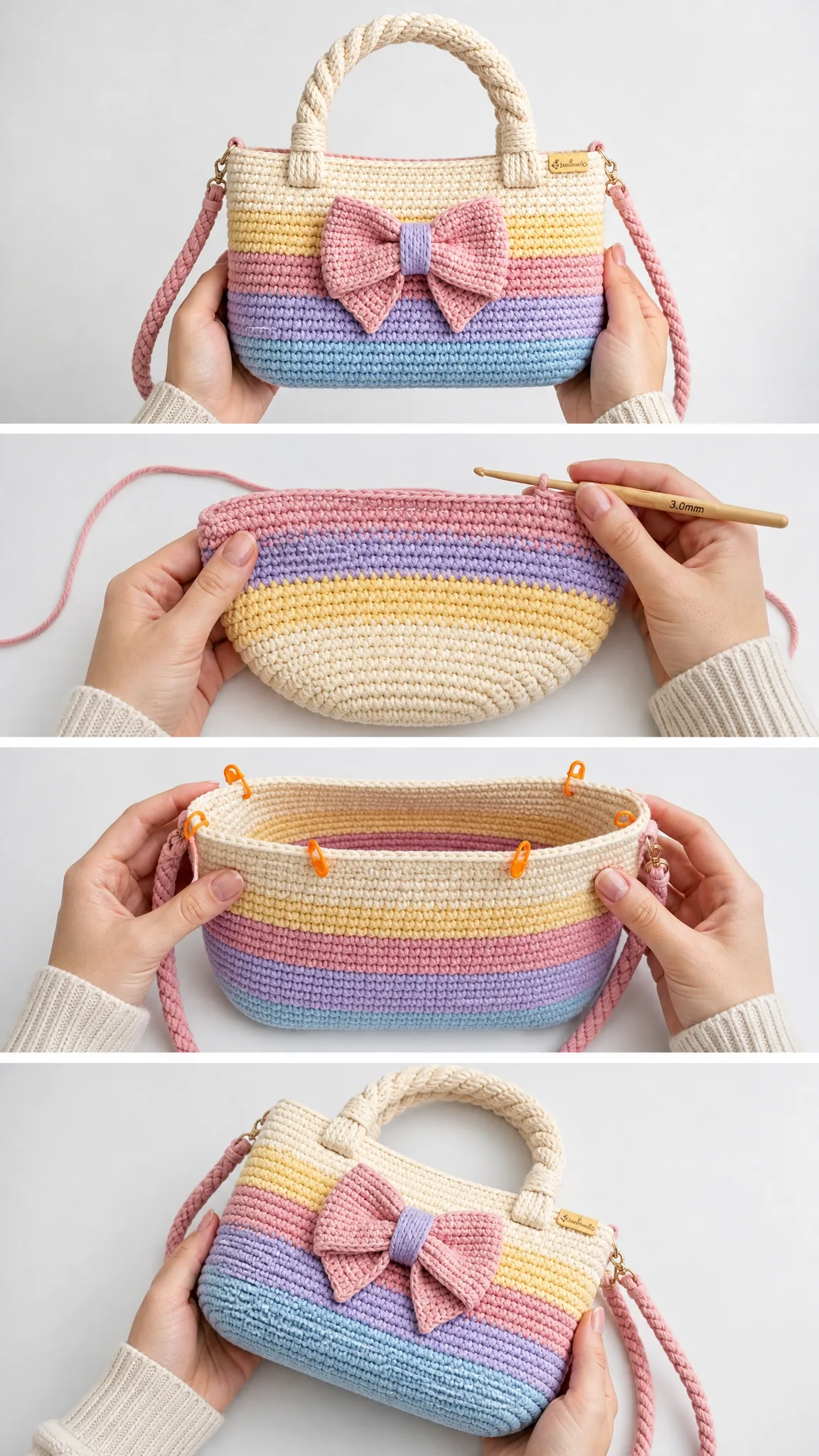 Pastel Rainbow Bow Handbag Free Crochet Pattern