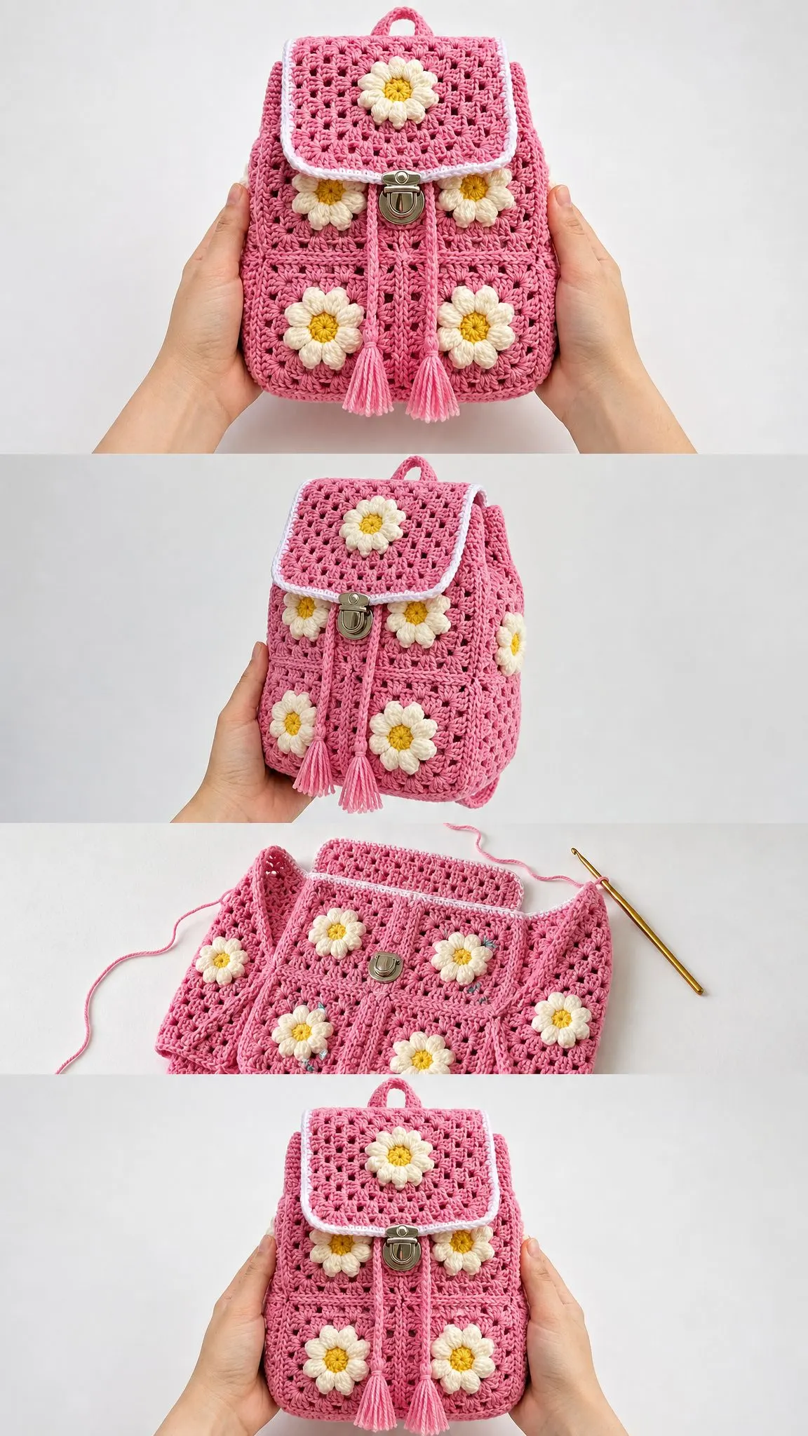 Pink Daisy Granny Square Backpack Free Crochet Pattern