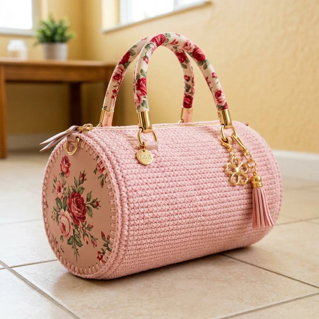 Pink Floral Barrel Handbag Free Crochet Pattern