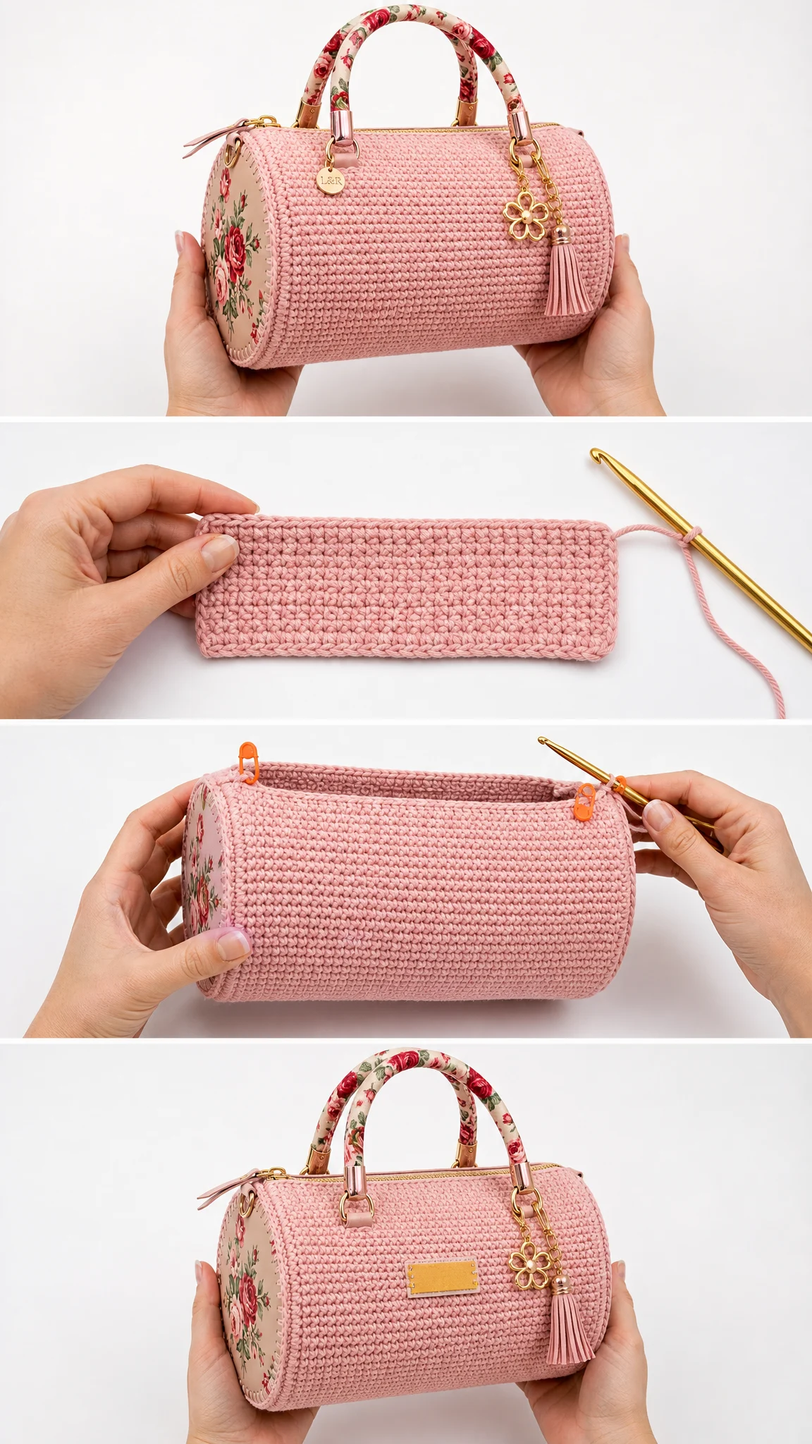 Pink Floral Barrel Handbag Free Crochet Pattern