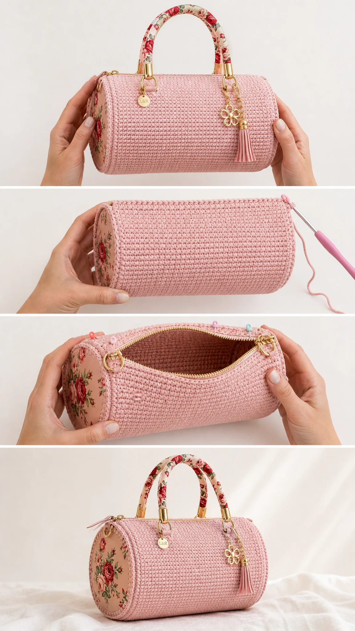 Pink Floral Barrel Handbag Free Crochet Pattern