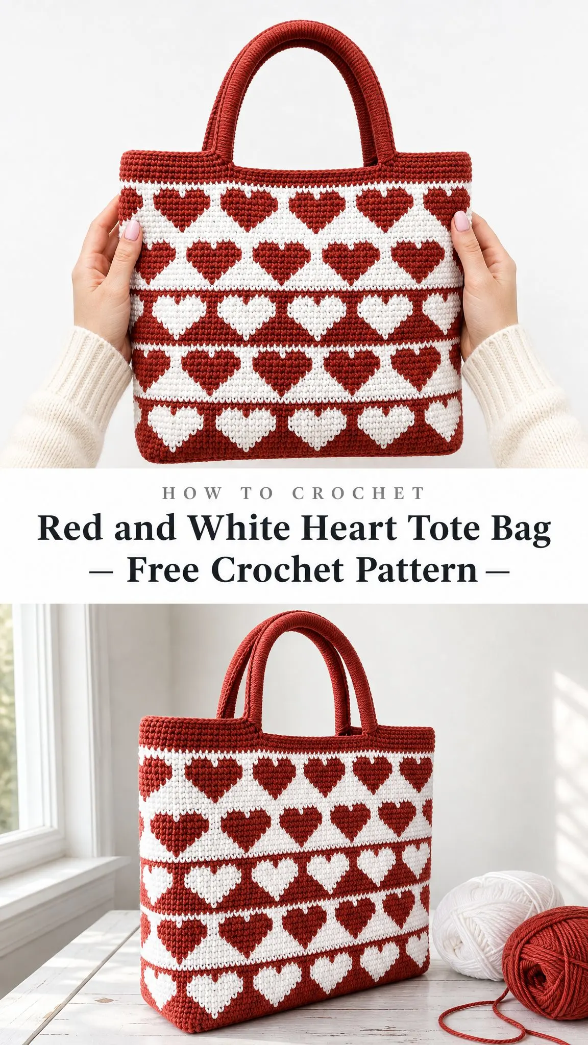 Red and White Heart Tote Bag Free Crochet Pattern