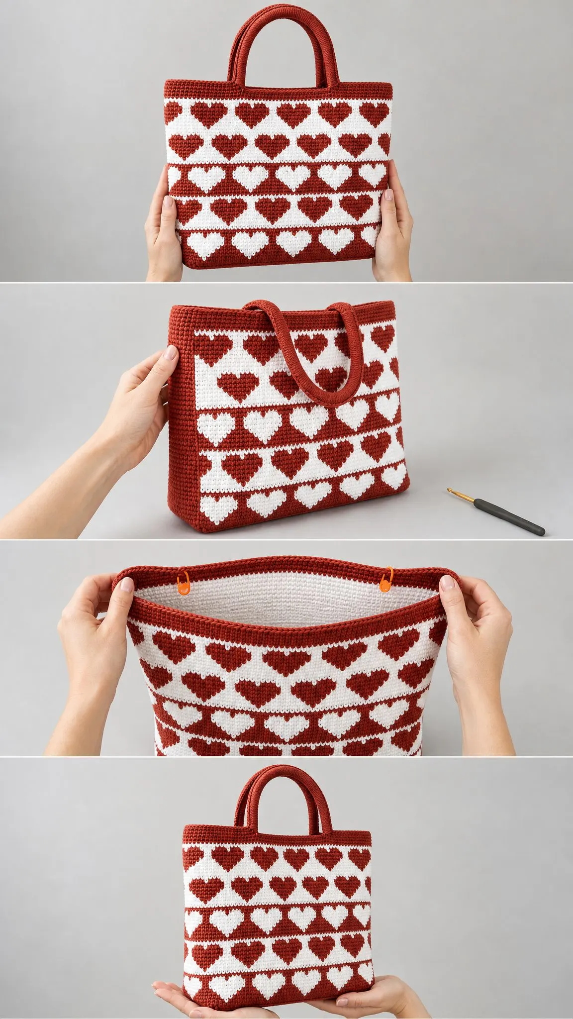 Red and White Heart Tote Bag Free Crochet Pattern
