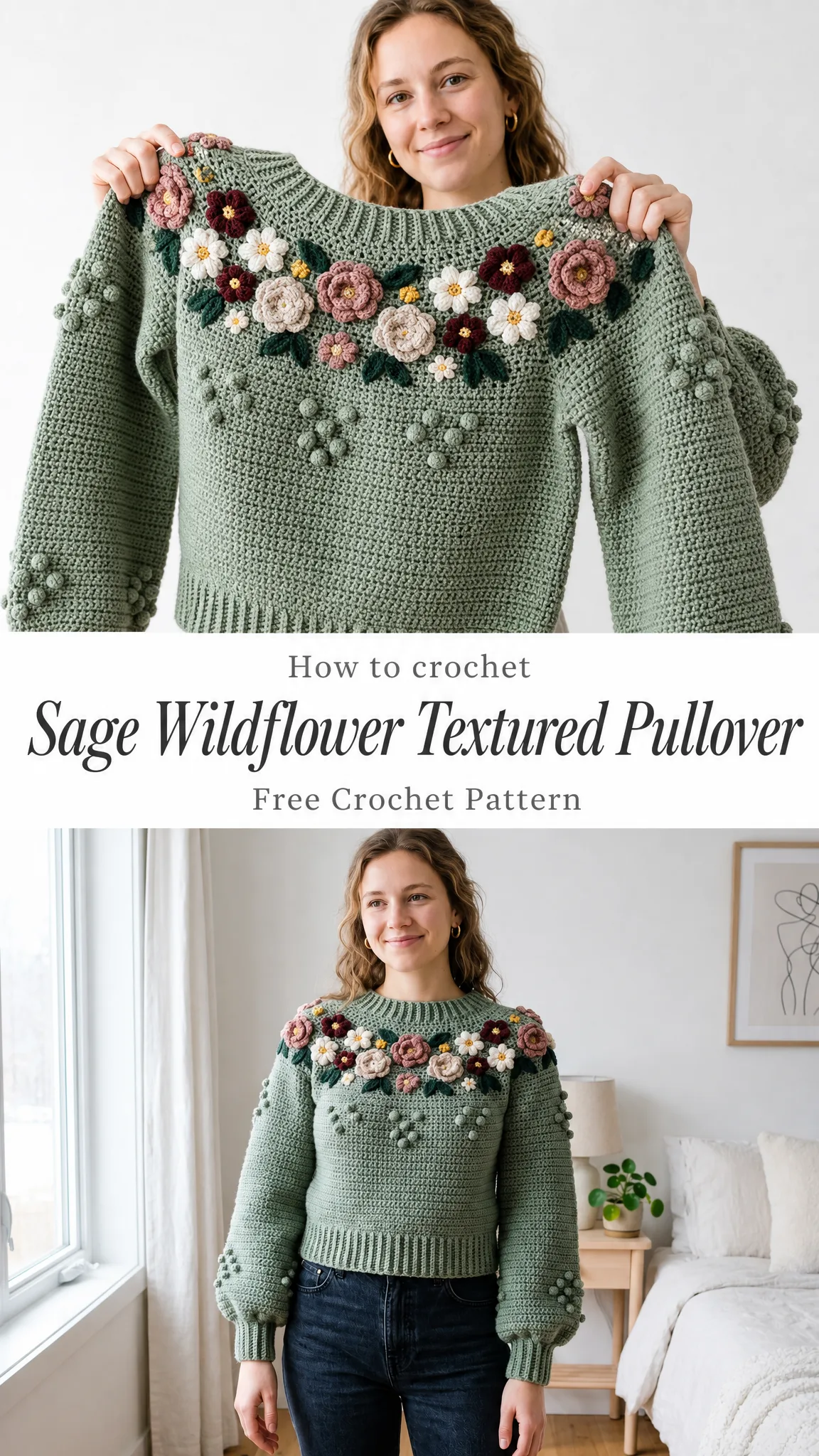 Sage Wildflower Textured Pullover Free Crochet Pattern