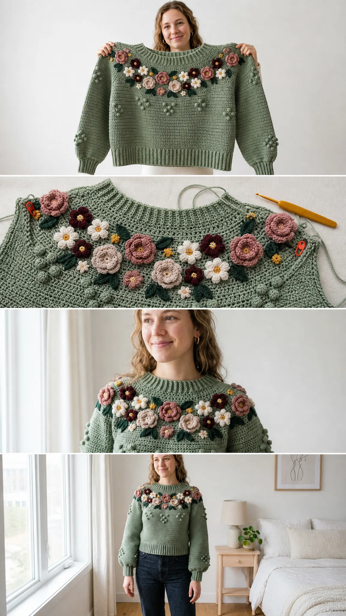 Sage Wildflower Textured Pullover Free Crochet Pattern