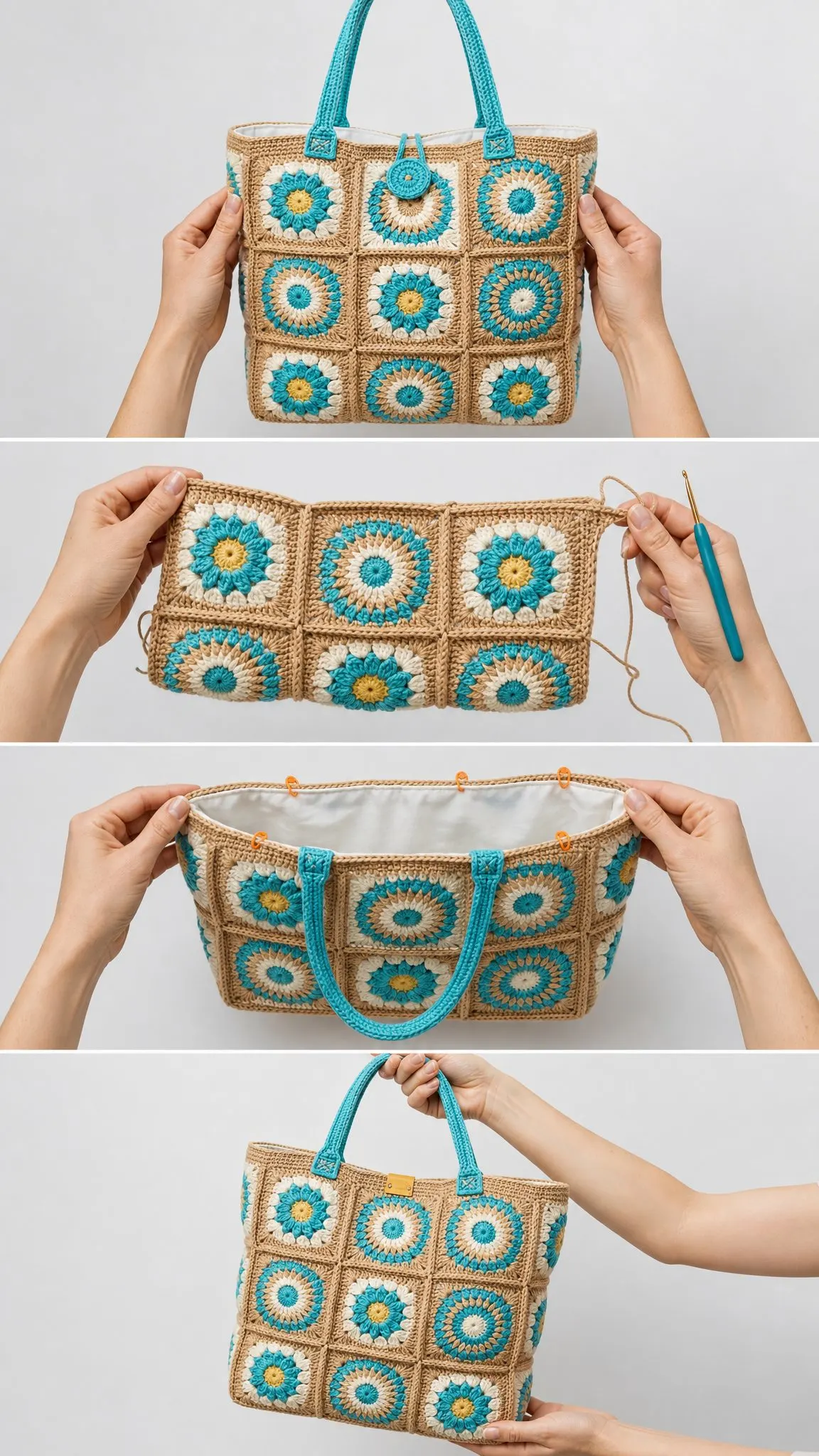 Turquoise Granny Square Tote Bag Free Crochet Pattern