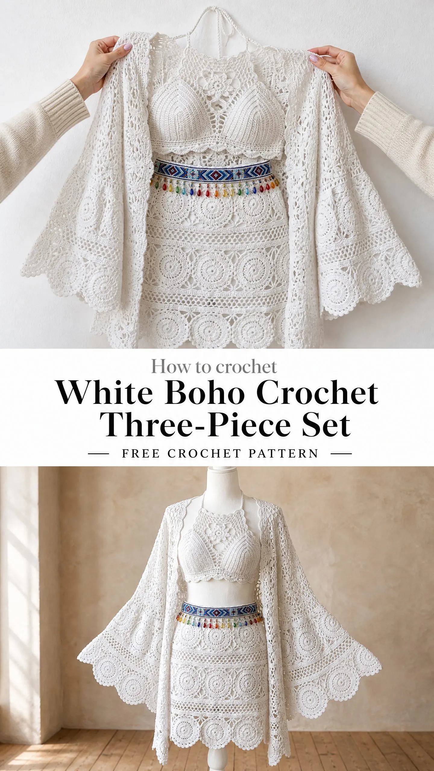 White Boho Crochet Three-Piece Set Free Crochet Pattern