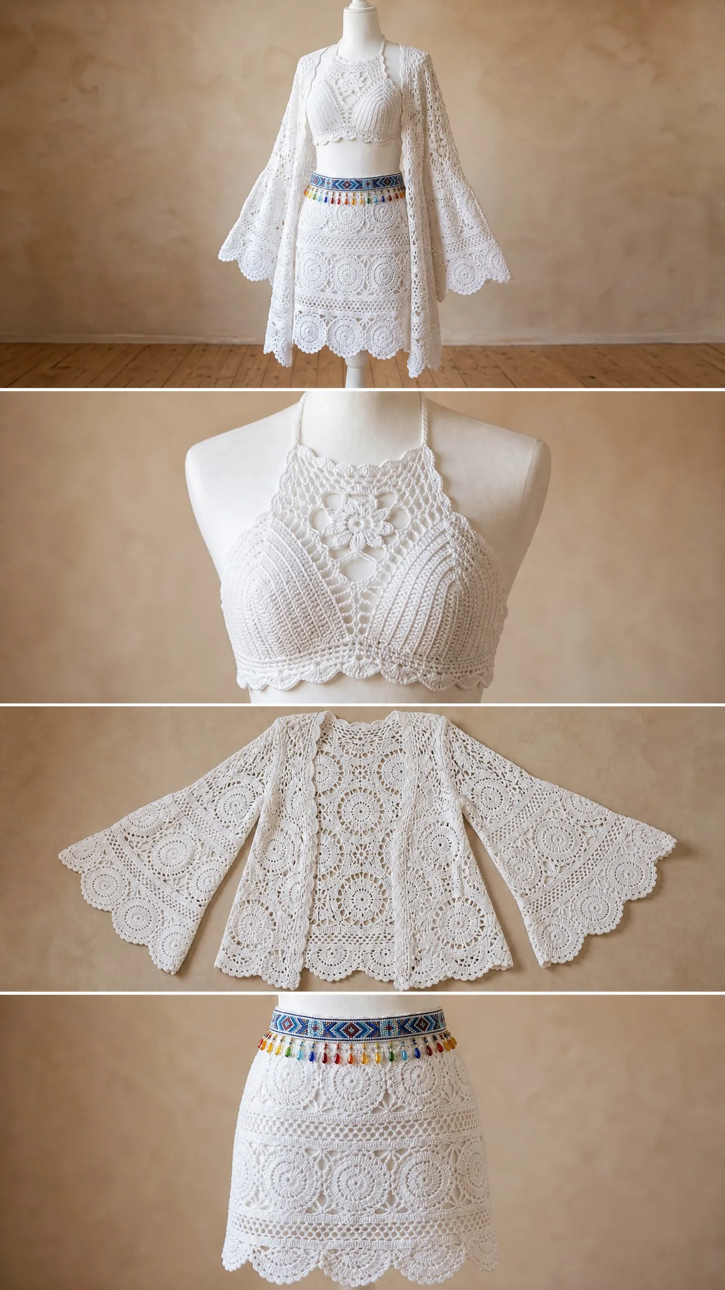 White Boho Crochet Three-Piece Set Free Crochet Pattern