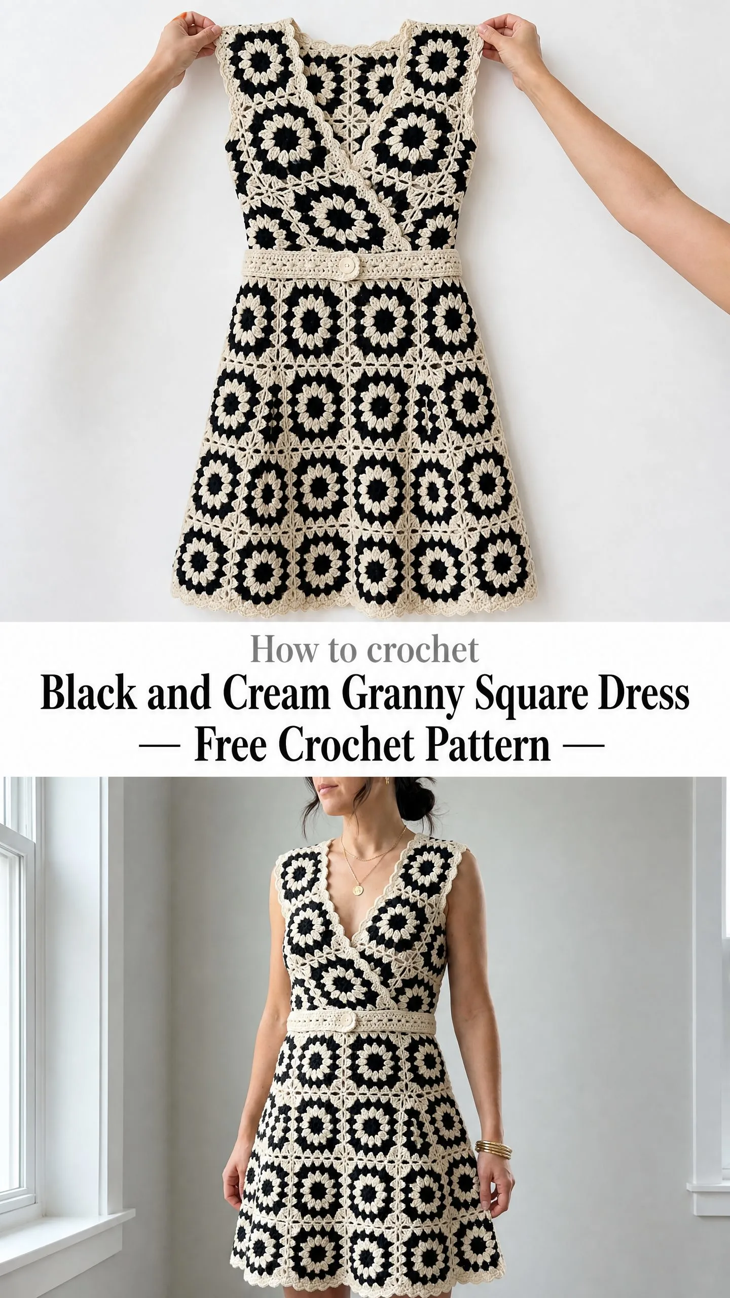 Black and Cream Granny Square Dress Free Crochet Pattern