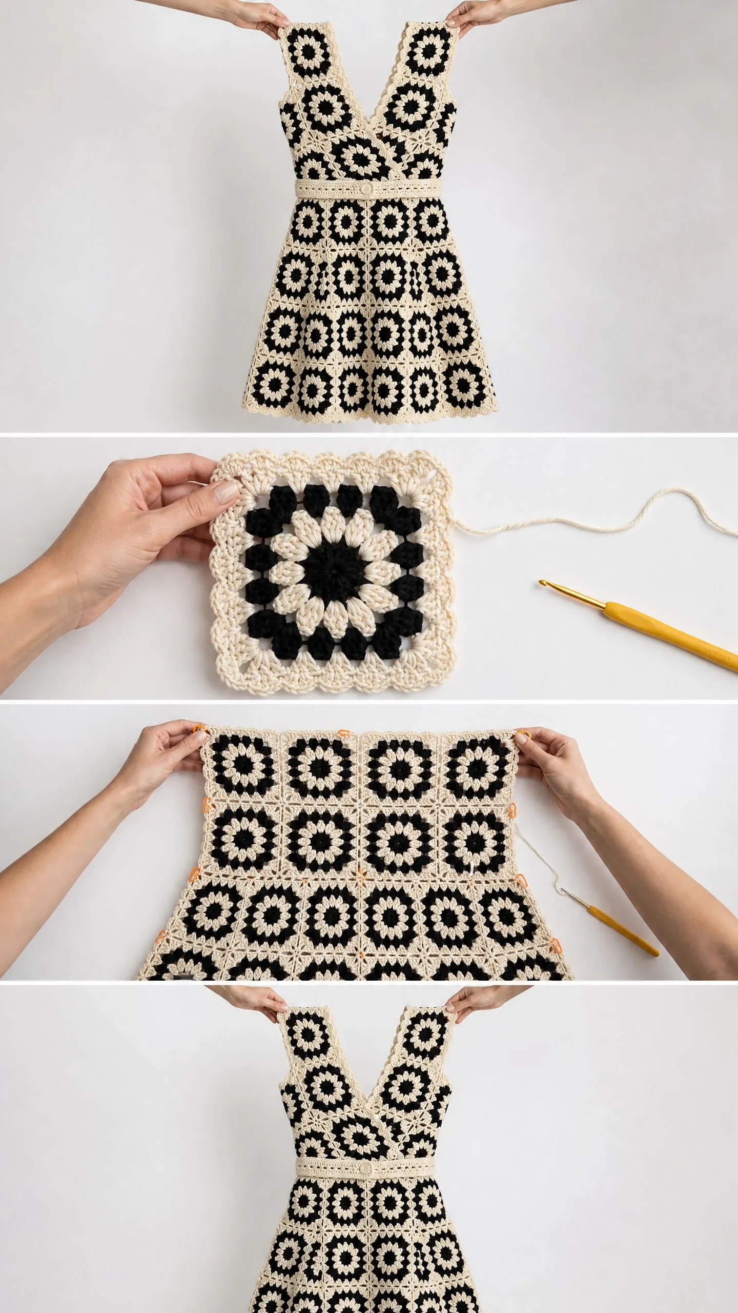 Black and Cream Granny Square Dress Free Crochet Pattern