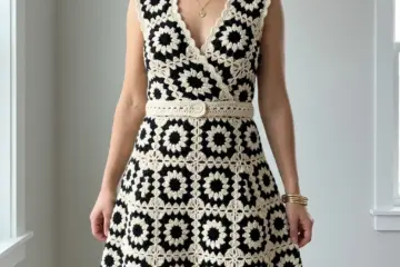 Black and Cream Granny Square Dress Free Crochet Pattern
