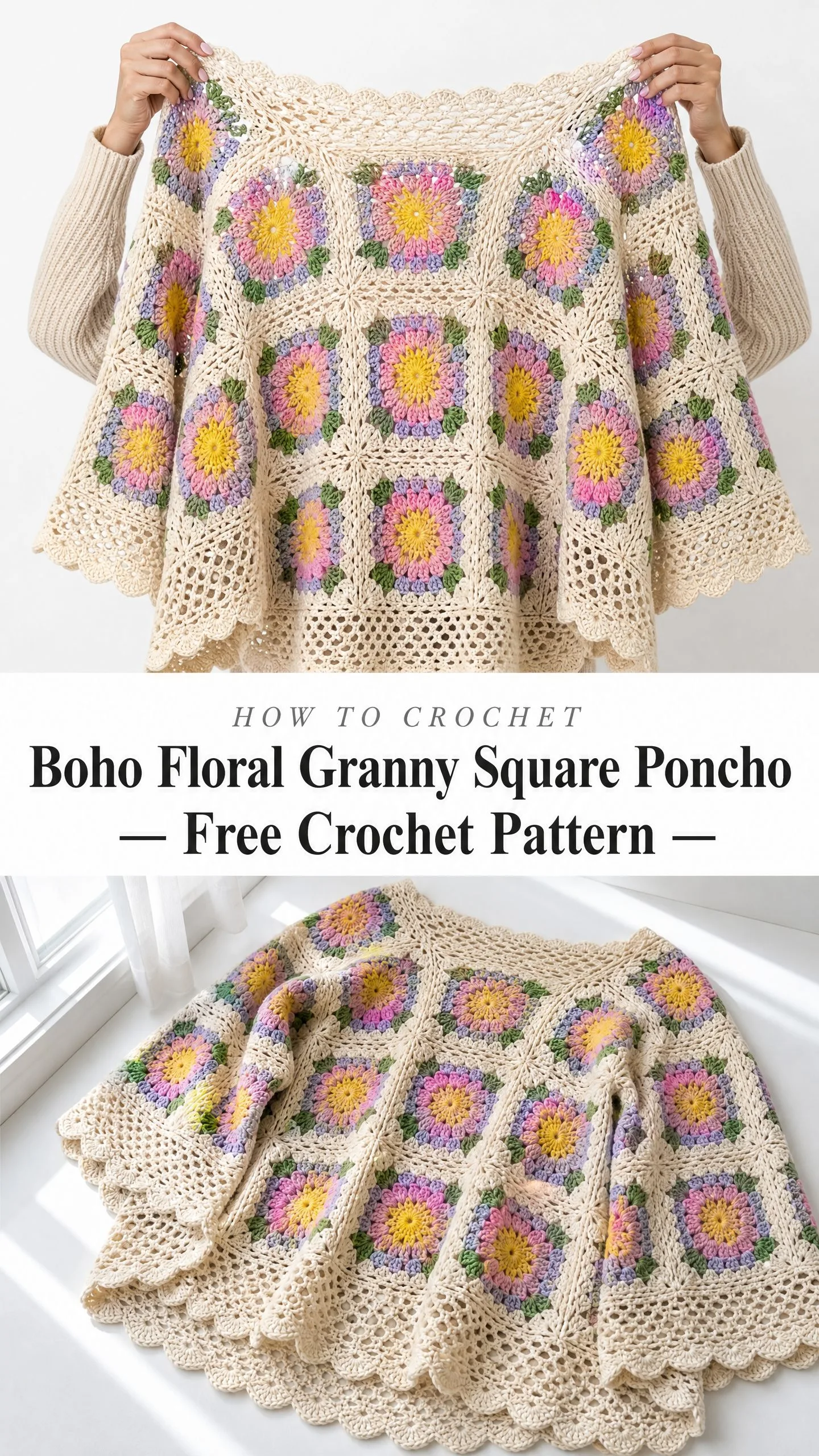 Boho Floral Granny Square Poncho Free Crochet Pattern