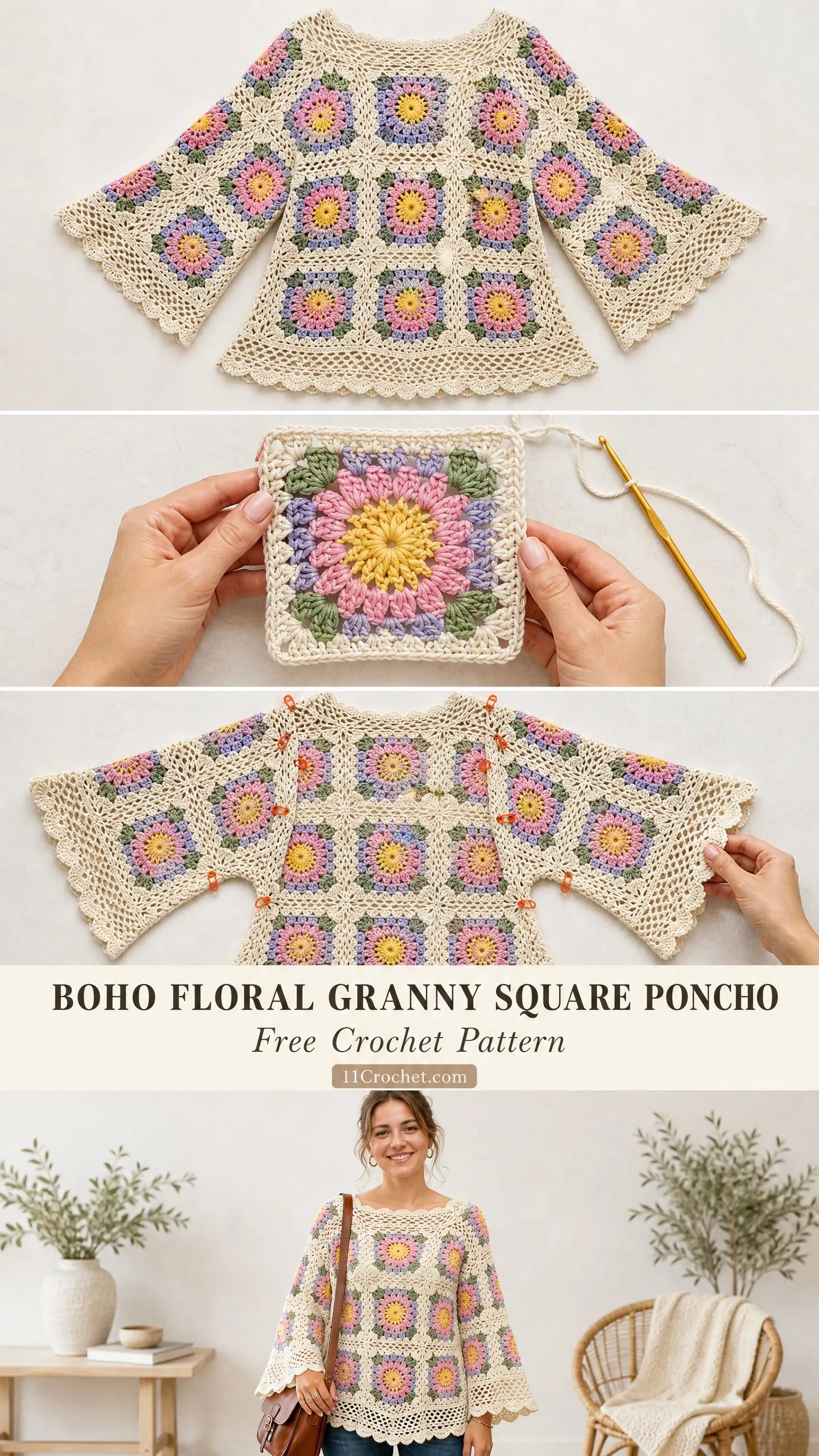 Boho Floral Granny Square Poncho Free Crochet Pattern