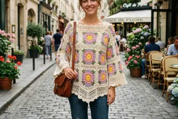 Boho Floral Granny Square Poncho Free Crochet Pattern