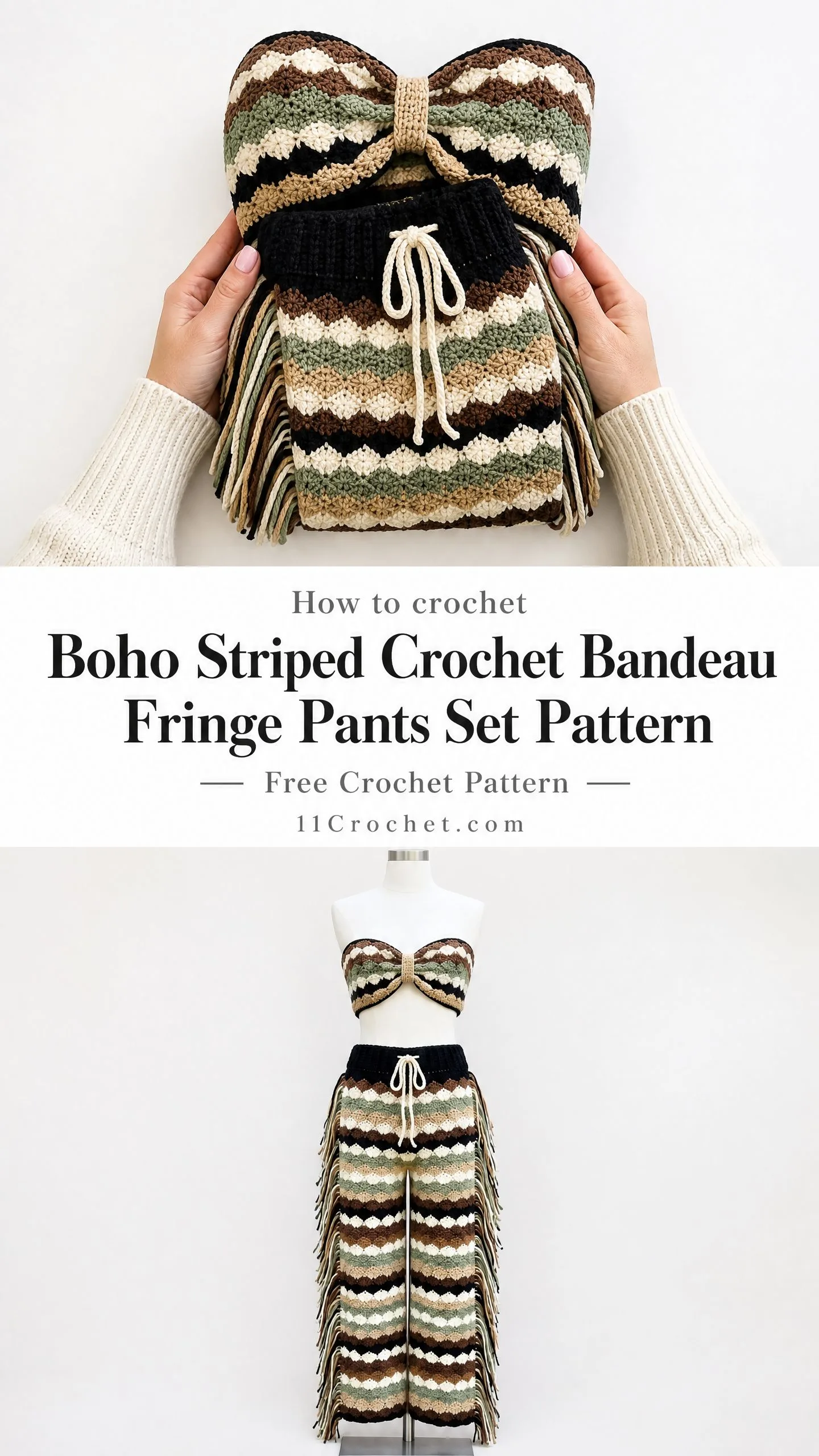Boho Striped Crochet Bandeau and Fringe Pants Set Pattern