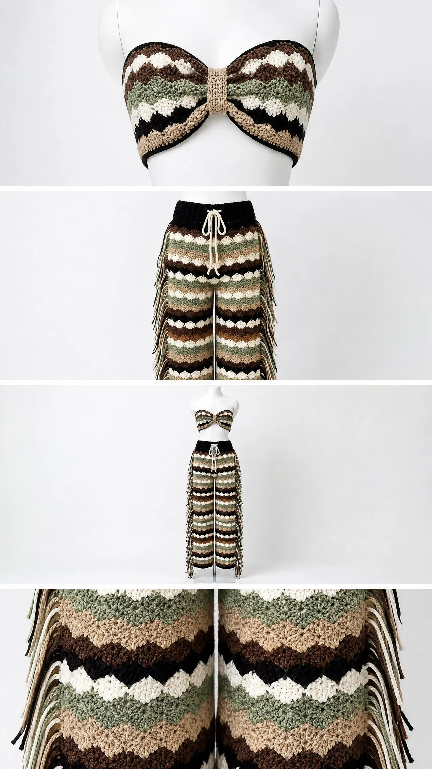 Boho Striped Crochet Bandeau and Fringe Pants Set Pattern